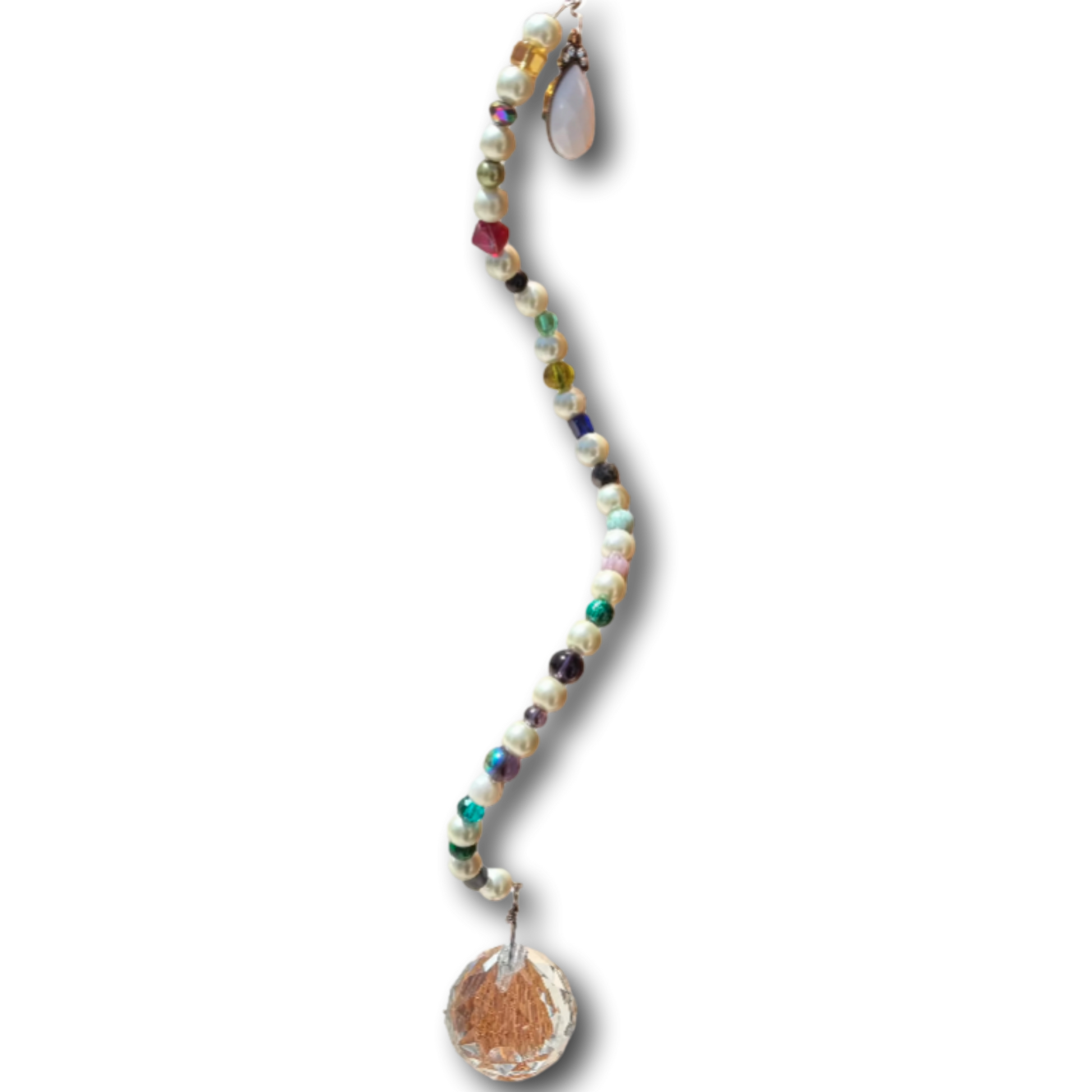 Handmade 16-inch crystal suncatcher with swirl design, pearlized beads, teardrop accents, and a faceted prism sphere for home decor