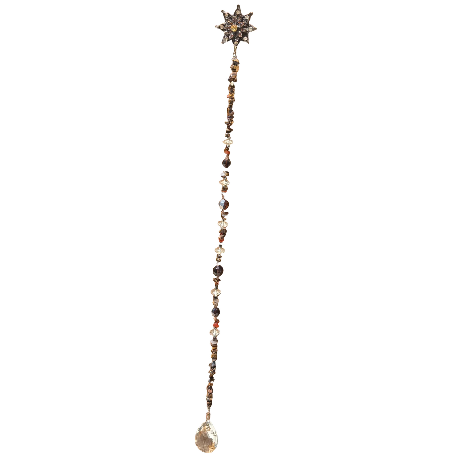 Handmade 18-inch Tiger Eye beaded suncatcher with ornate flower and faceted crystal teardrop rainbow prism for home decor.