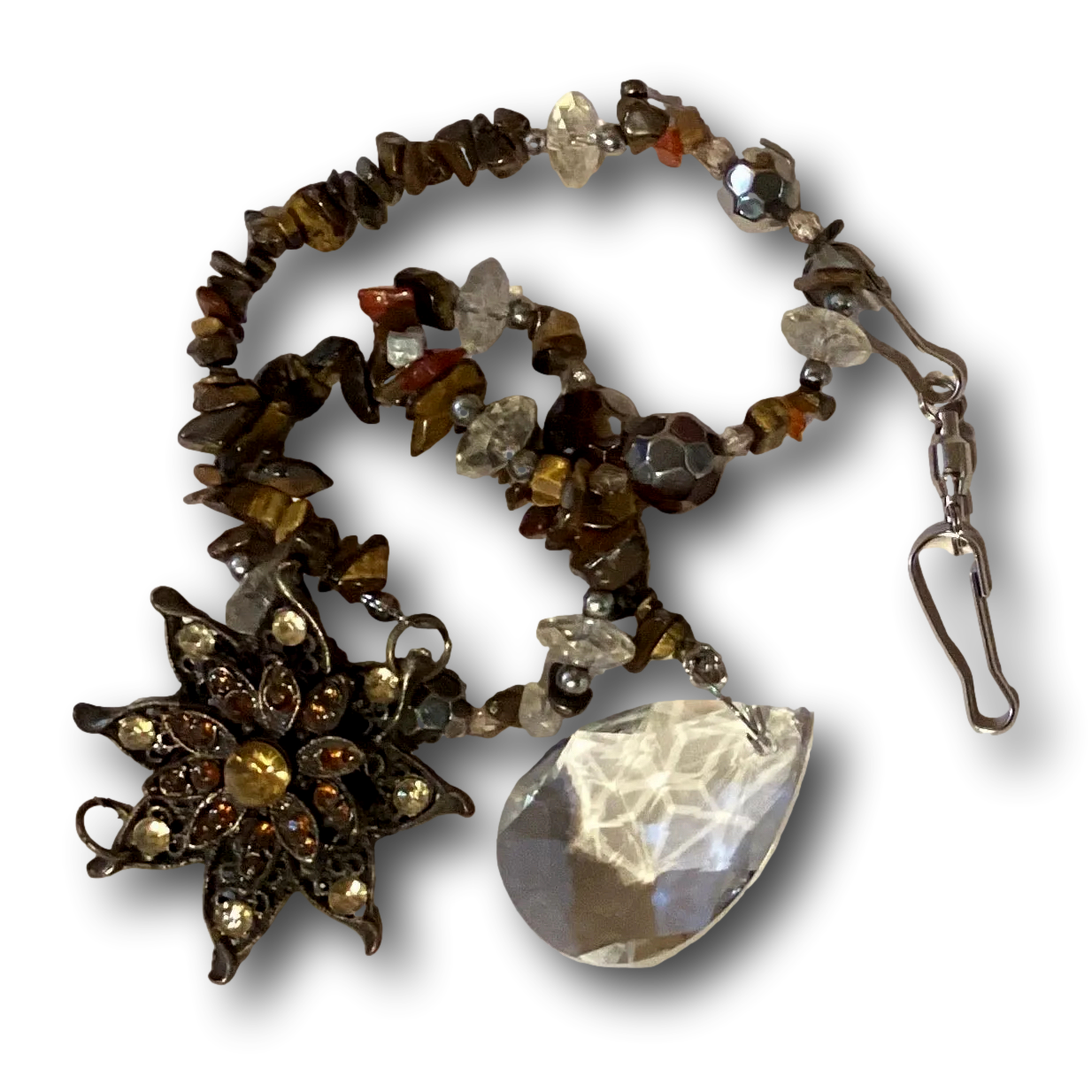 Handmade 18-inch Tiger Eye beaded suncatcher with ornate flower and faceted crystal teardrop rainbow prism, decorative home decor.
