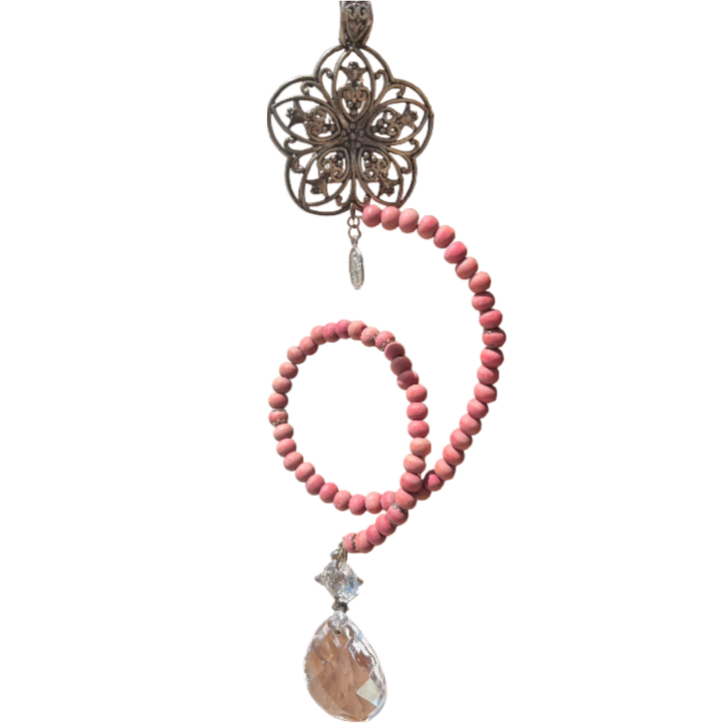 Handmade 18-inch rosewood beaded suncatcher with metal flower accent and faceted crystal teardrop rainbow prism.