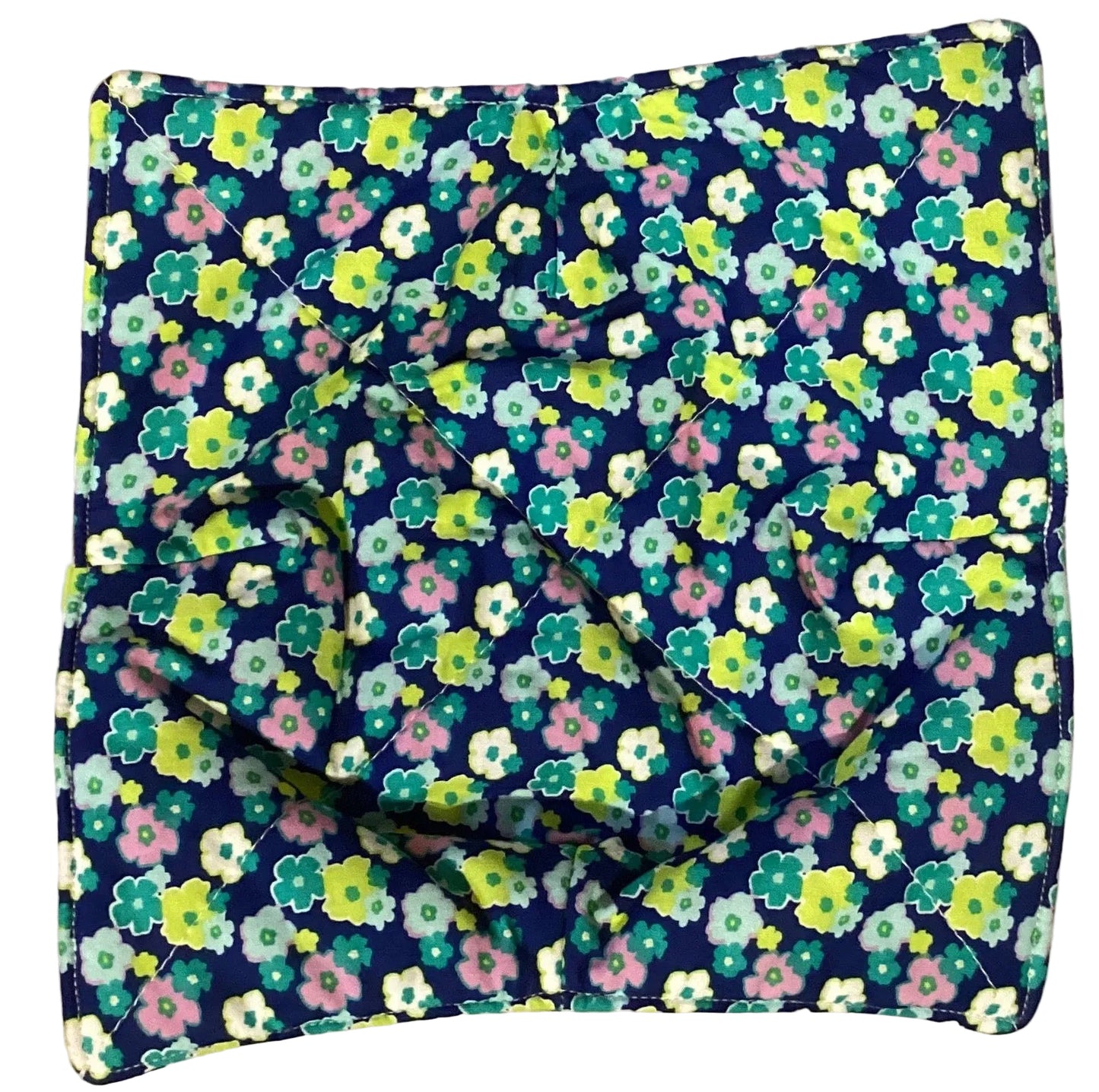 Handmade colorful fabric bowl cozy holder measuring 9x10 inches, designed for home and garden pot holders, featuring vibrant flower patterns.