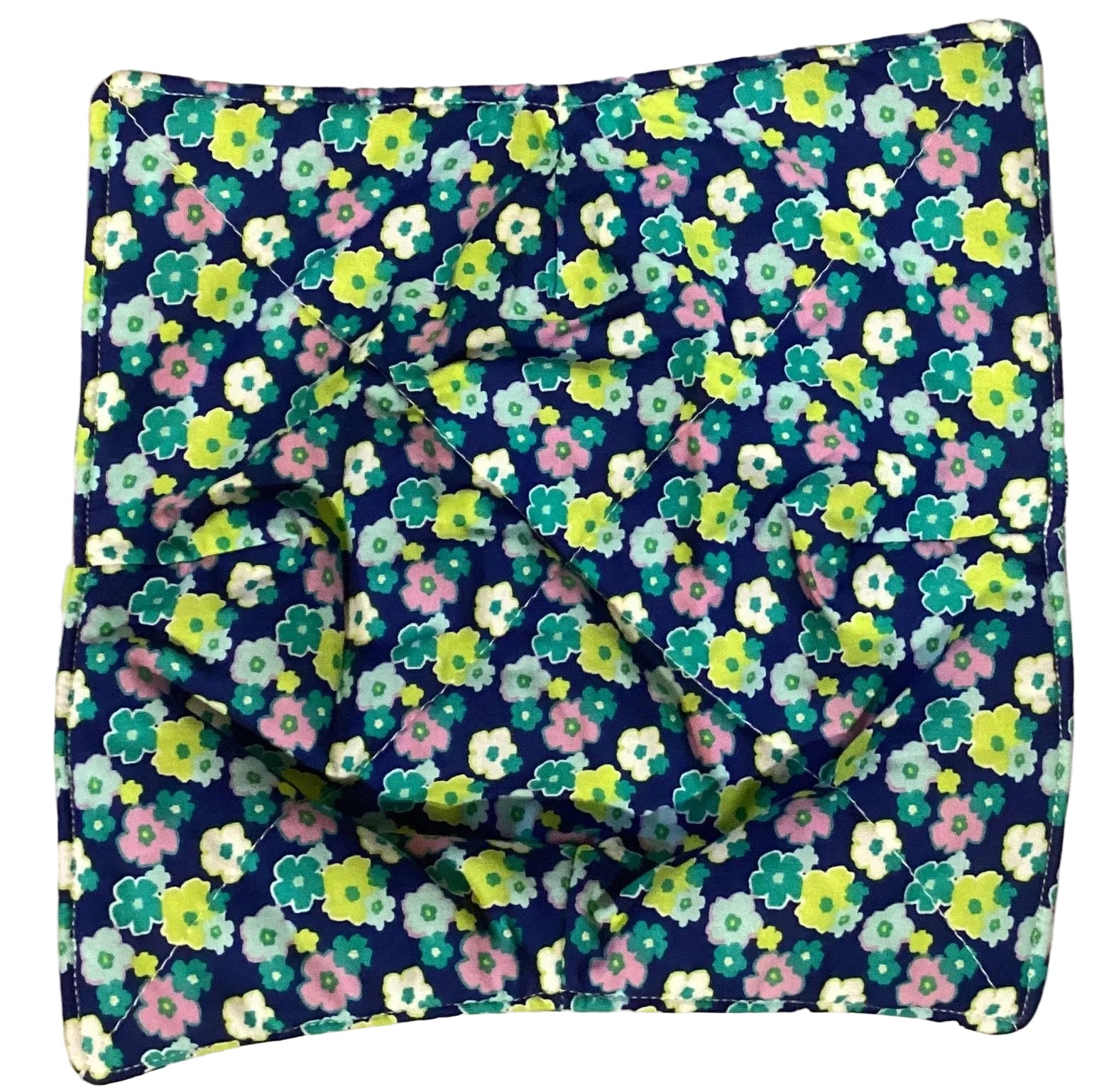 Handmade colorful fabric bowl cozy holder measuring 9x10 inches, designed for home and garden pot holders, featuring vibrant flower patterns.