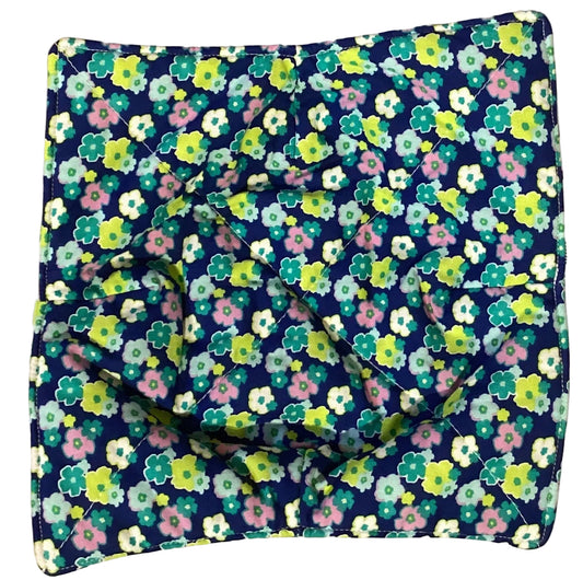 Handmade colorful fabric bowl cozy holder measuring 9x10 inches, designed for home and garden pot holders, featuring vibrant flower patterns.