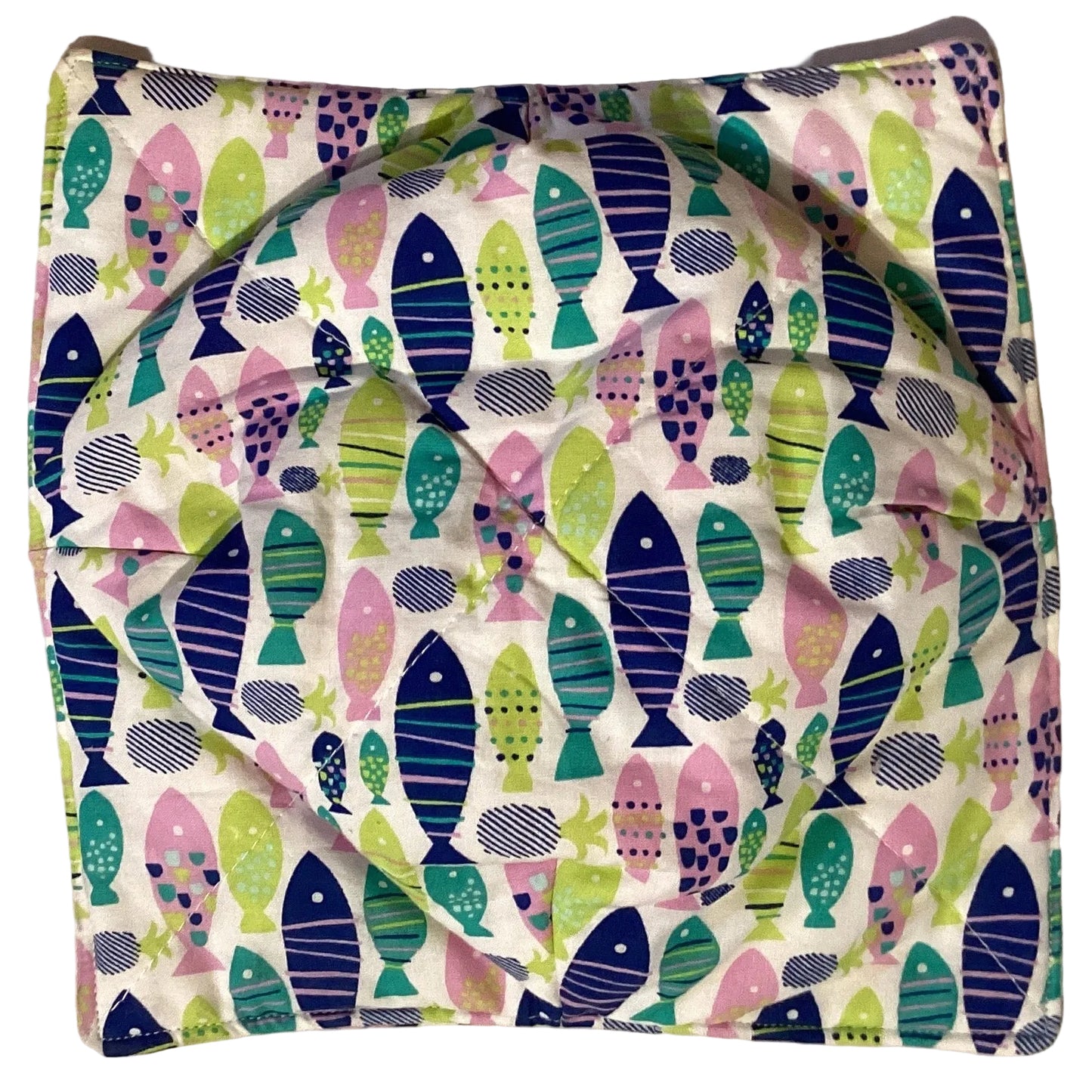 Handmade colorful fabric bowl cozy holder with pink, green, turquoise, and navy fish aquatic design, 9x10 inches.