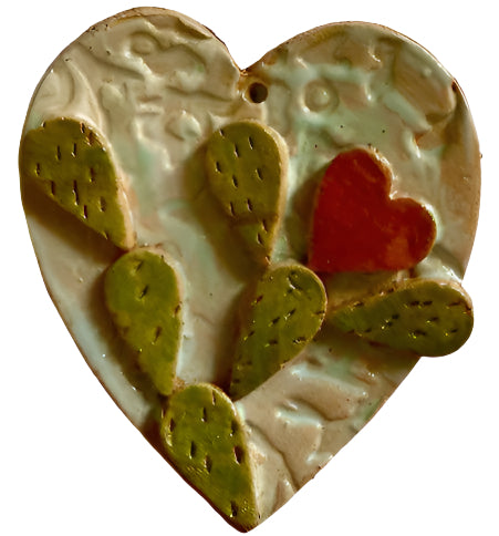 Handmade Ceramic Heart with Nopal Design – 5x5 Valentine's Day Wall Art & Gift