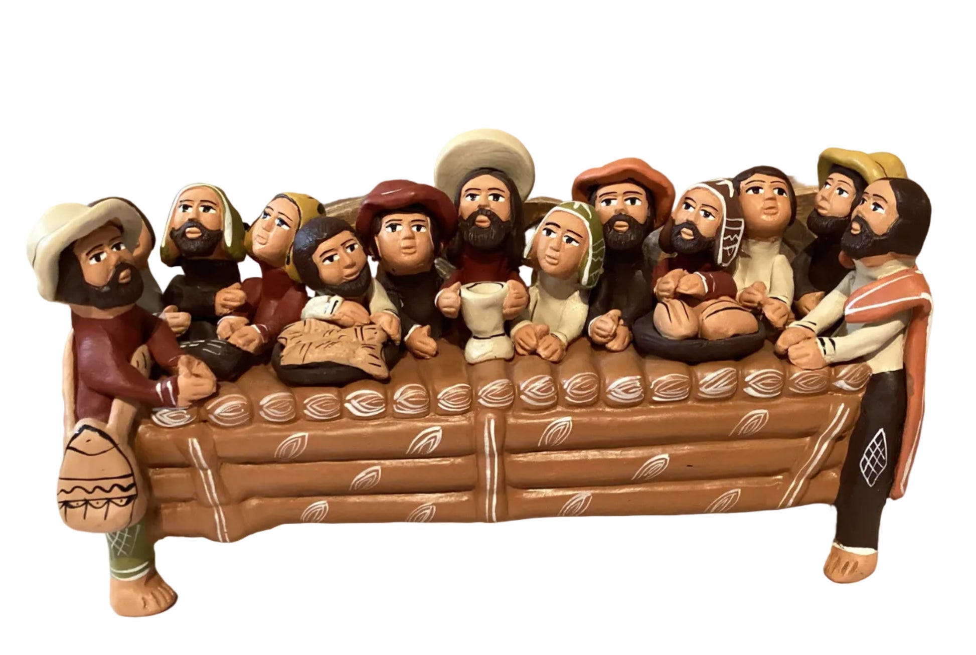 Handmade Peruvian Last Supper tabletop decor, 9x3 inches, Catholic Christian religious statuette featuring detailed religious scene.
