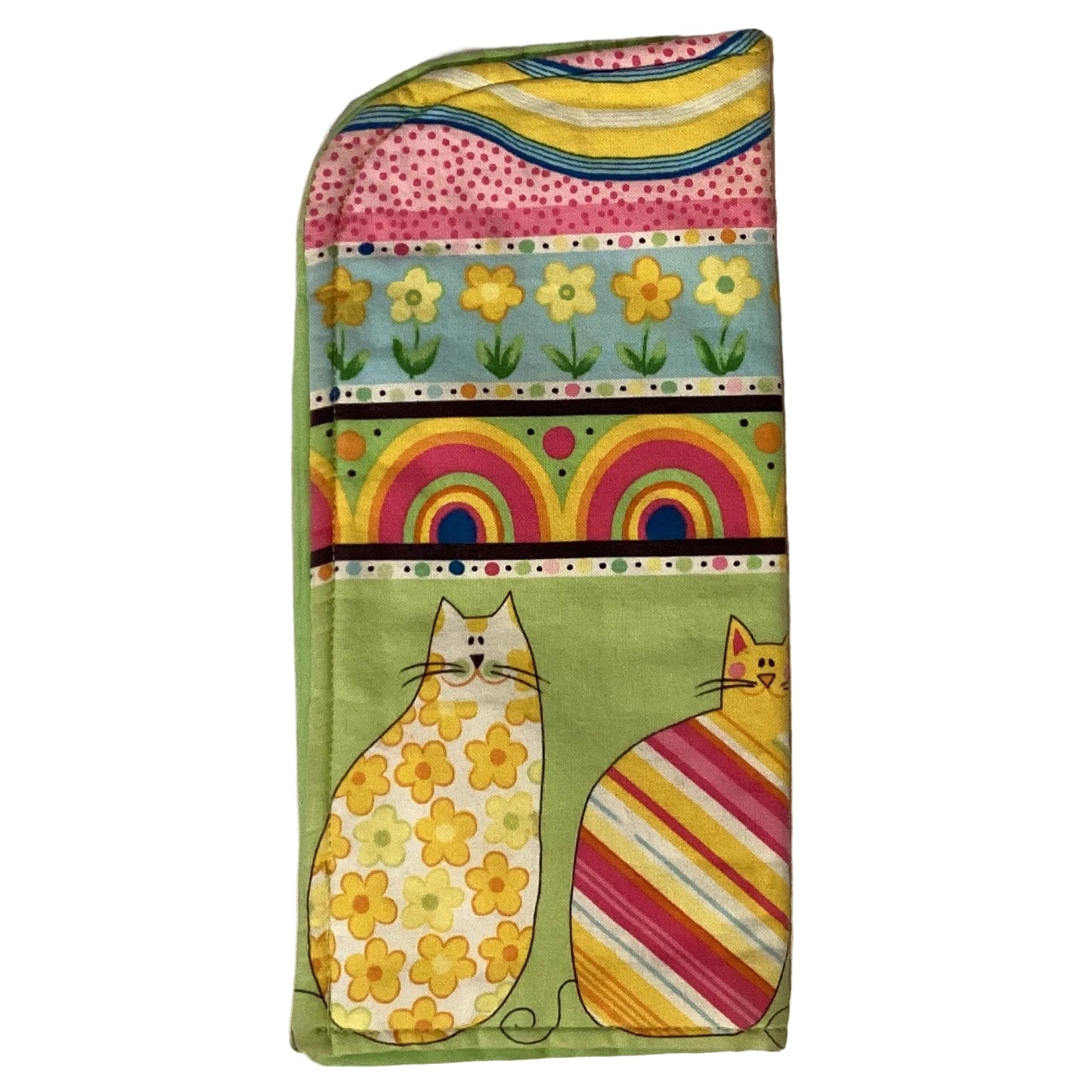 Handmade cotton pot and pan handle cover with padded heat-resistant material, designed for kitchen safety and grip.