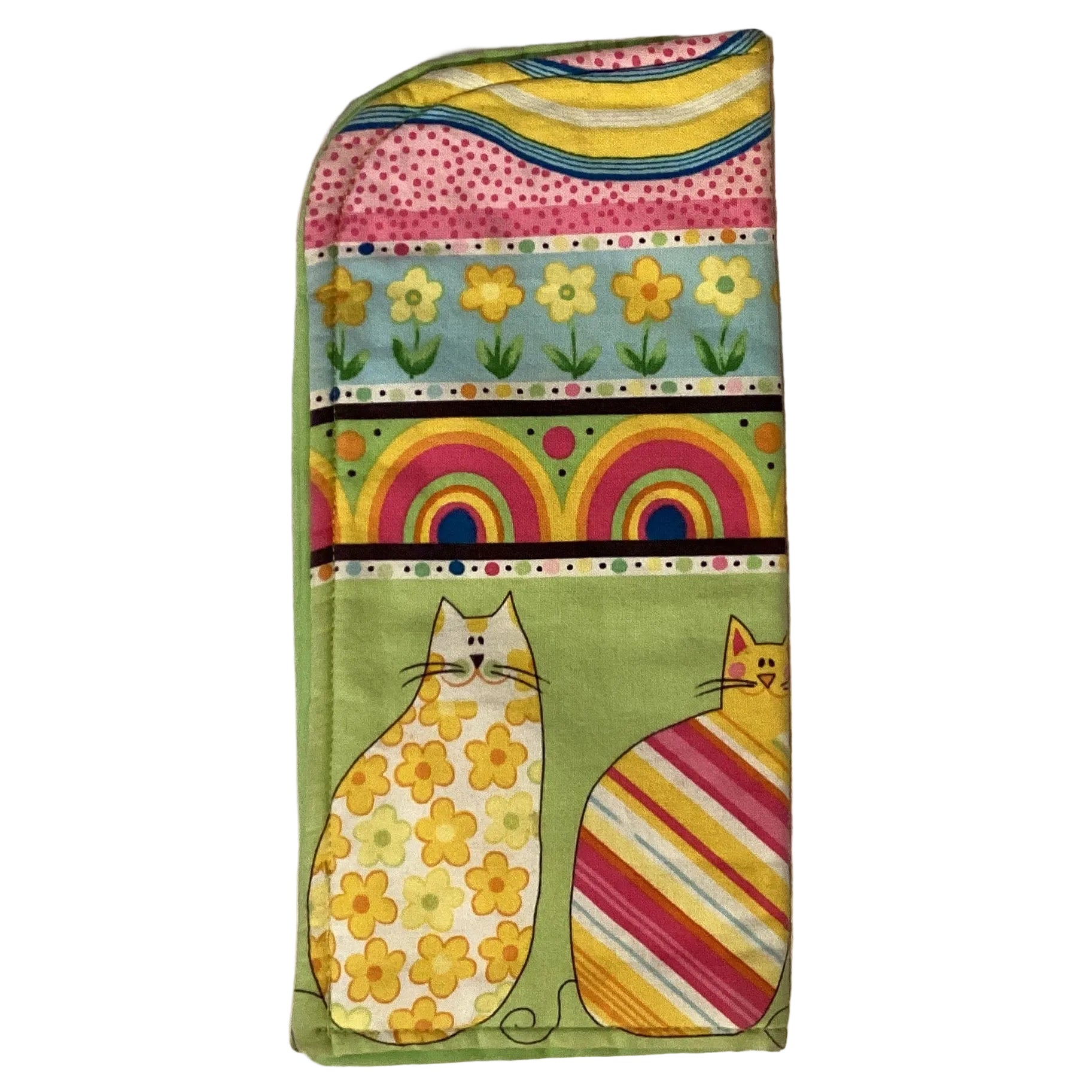 Handmade cotton pot and pan handle cover with padded heat-resistant material, designed for kitchen safety and grip.