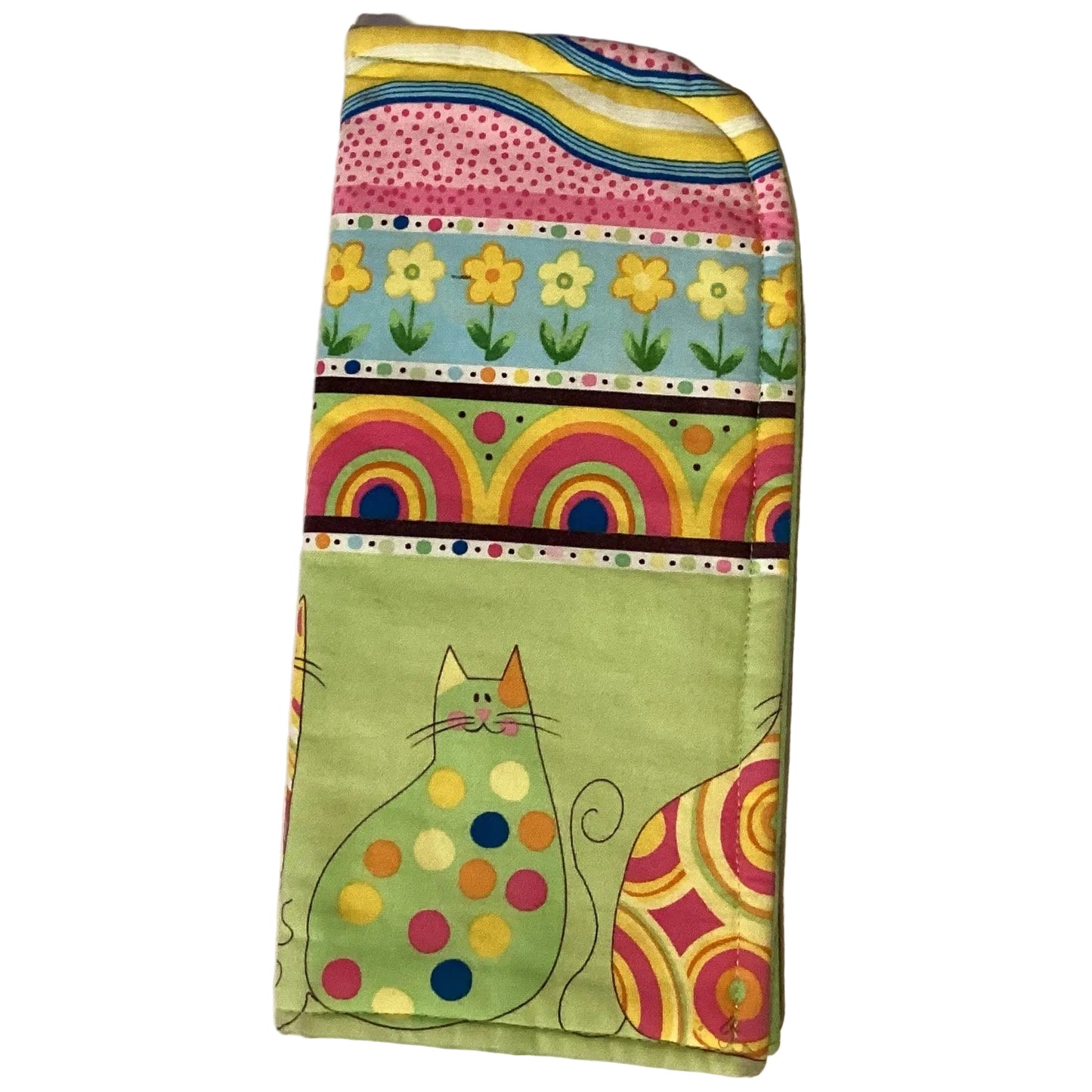 Handmade cotton pot and pan handle cover by Ysleta Mission Gift Shop, heat-resistant kitchen sleeve with padded design.