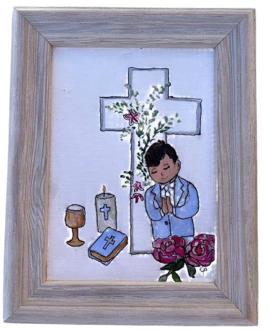 Handpainted “My First Communion” Boy – 5x7 Framed Acrylic Canvas Catholic Keepsake