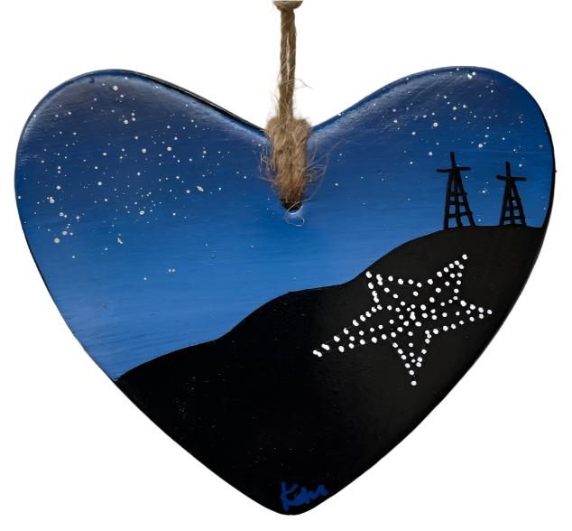 Heart-Shaped Ceramic Ornament – El Paso Blue Sky Star on the Mountain (4" x 3.75")