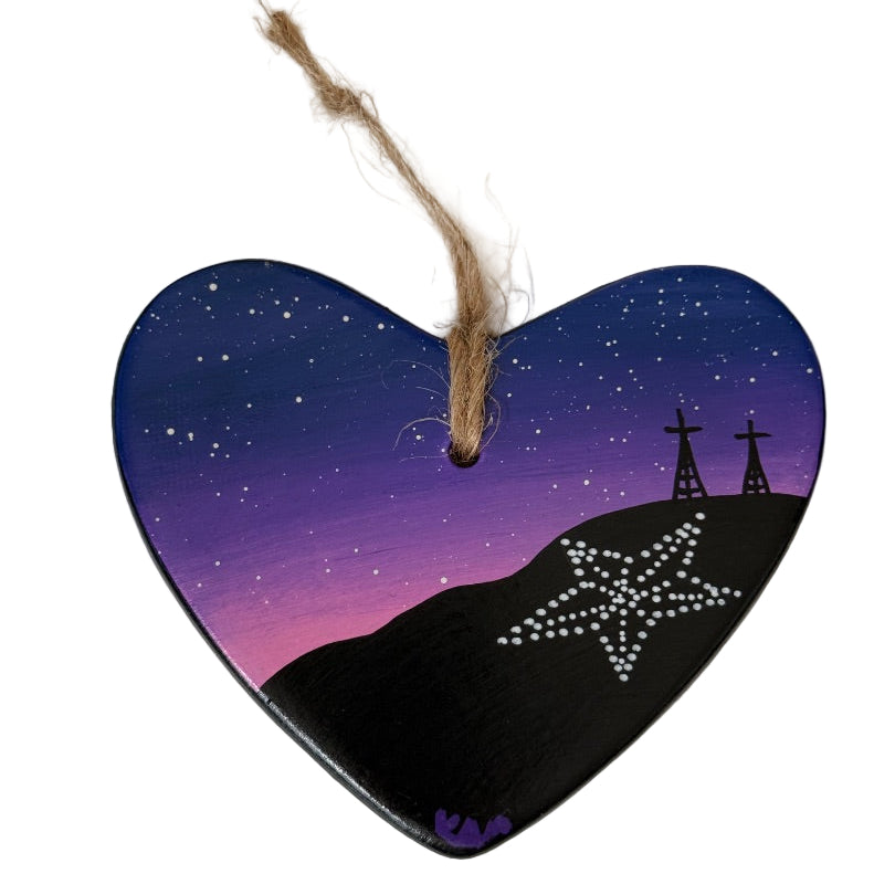 Heart-Shaped Ceramic Ornament – El Paso Pink Sky Star Scene (4" x 3.75") - Ysleta Mission Gift Shop