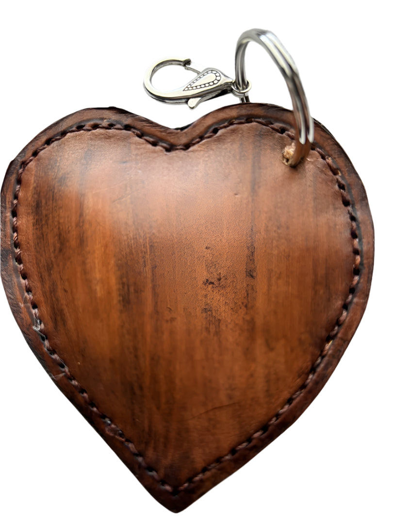 Heart-Shaped Veg Tan Leather Keychain – Hand-Carved Floral Design in Brown