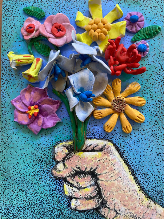 “Here” an acrylic bas relief with a bouquet of flowers
