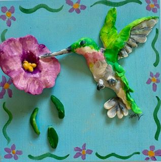 Acrylic Painting Hummingbird with Lavender Flower Bas-Relief Technique