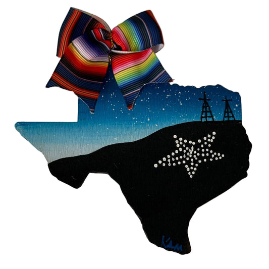 Handpainted Blue El Paso Texas Magnet – Wooden Souvenir Serape Ribbon & Star on the Mountain