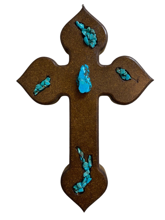 turquoise inlaid cross on wood