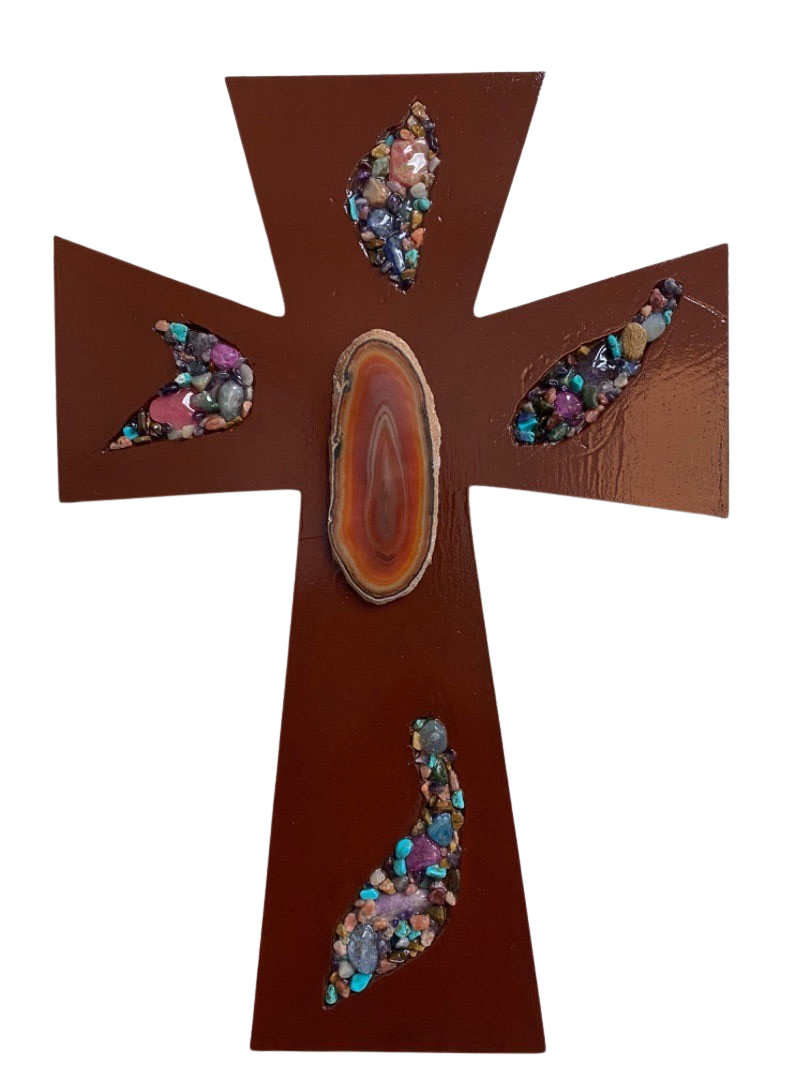 Cross Resin Inlaid Semiprecious Stones with Geode Middle Wood Backing 