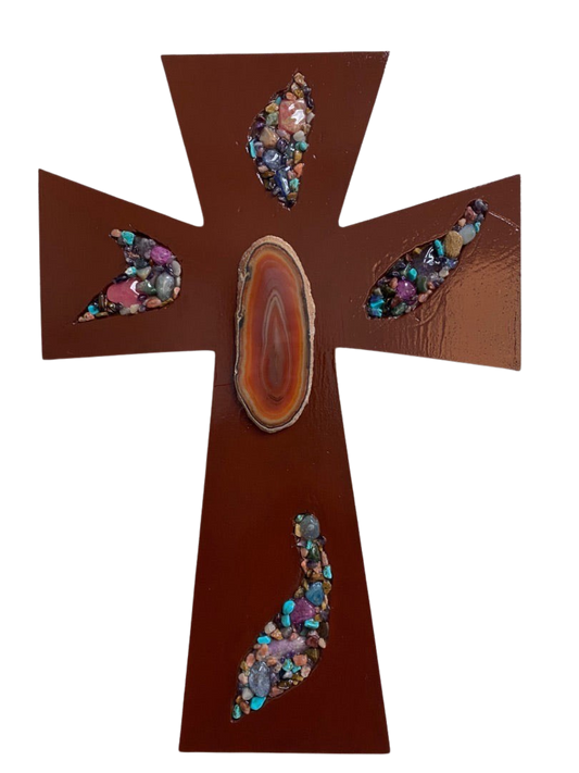 Wood cross with inlaid semi precious stones with geode in middle