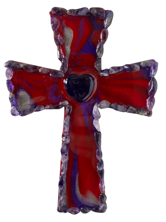 Resin cross on wood in reds and purples with turquoise stones