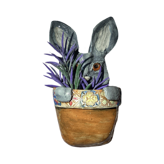 Pocket Vase Ceramic Grey Bunny in Pot Wall Hanging 9" tall