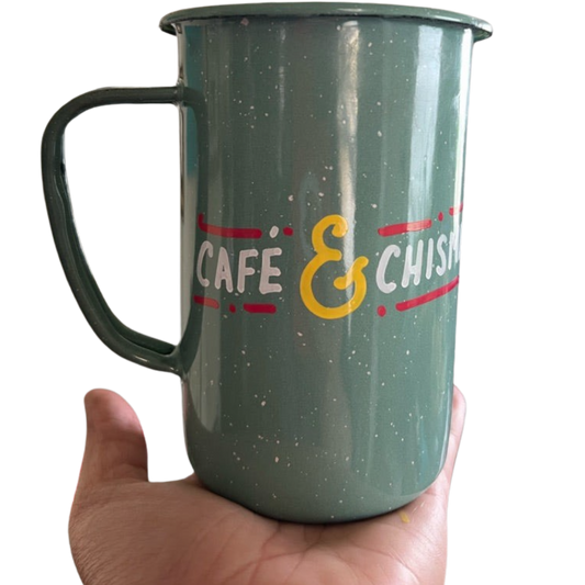 Mug Souvenir Peltre Mint "Café Y Chisme" Original Handdrawn Designs Tall Enameled Tin 16 oz