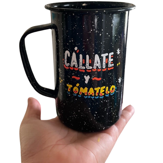 Mug Souvenir Peltre Black "Callate Y Tamtelo" Original Handdrawn Designs Tall Enameled Tin 16 oz
