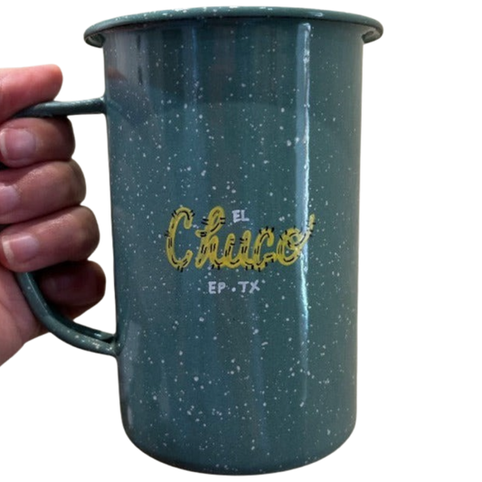 Mug Souvenir "El Chuco" El Paso Souvenir Peltre Mint Original Handdrawn Designs Tall Enameled Tin 16 oz