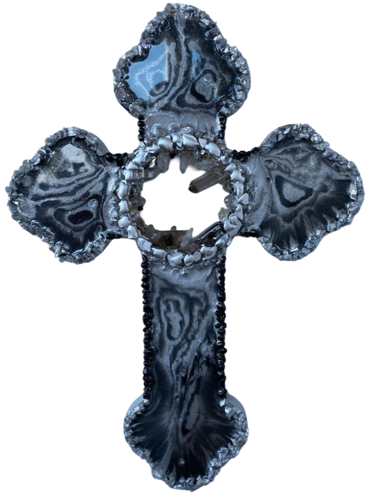 Cross Resin Silver Black Wood Backing Crystals Glass Inlaid Middle.