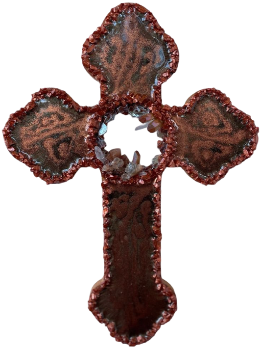 resin wood cross in copper &amp; brown inlaid with gem, crystals and glass in middle 14"x10"