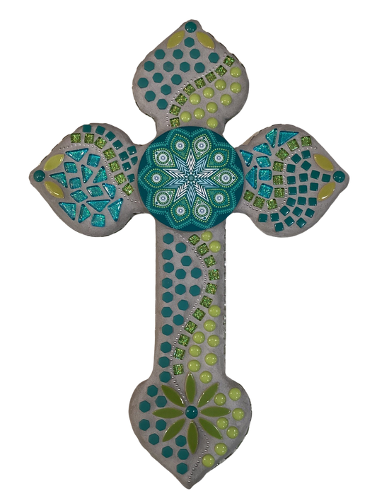 Cross Mosaic 18”X12” Blade Wood/Cross In Teals&Greens W/Round Deco 18”X12”