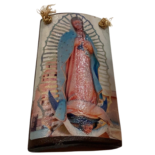 Our Lady of Guadalupe Blue Dress Image on Spanish Style Curved Clay Roof Tile Wall Art 7.5x4.5 inches