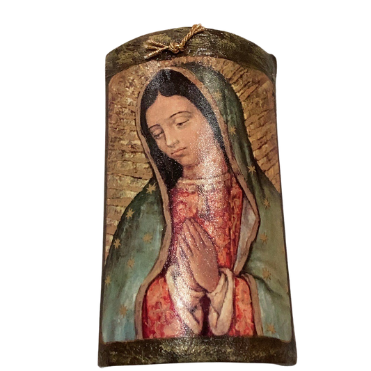 Our Lady of Guadulupe Rostro Image on Spanish Style Curved Clay Roof Tile Wall Art 11.5x7 inches
