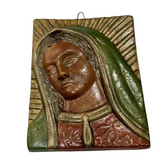 Our Lady Of Guadalupe Barro Bust Image on Red Clay Tile Wall Art