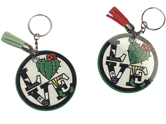 Keychain Round Love El Paso Cactus Double-Sided Sublimated Colored Tassel 2.5"
