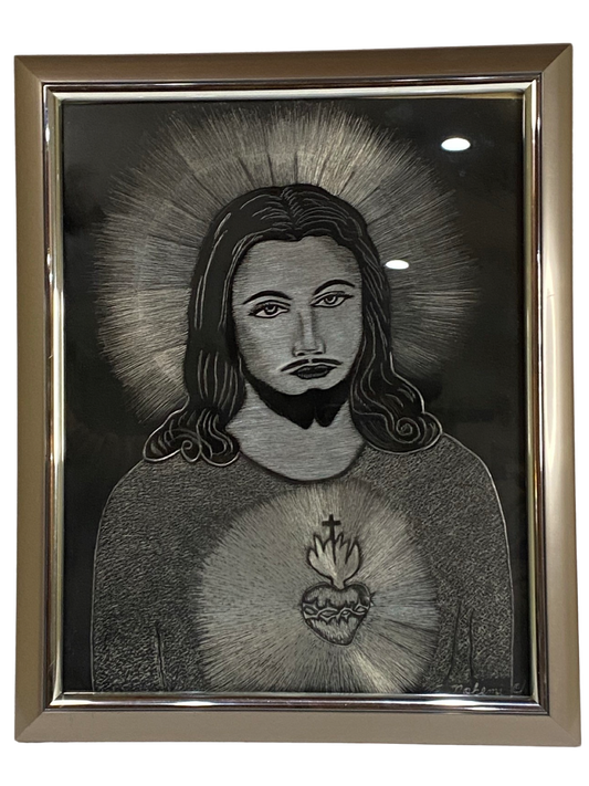 Original Art Sacred Heart of Jesus Scratchboard Metal Art 13x17 from Nohemi Chavez