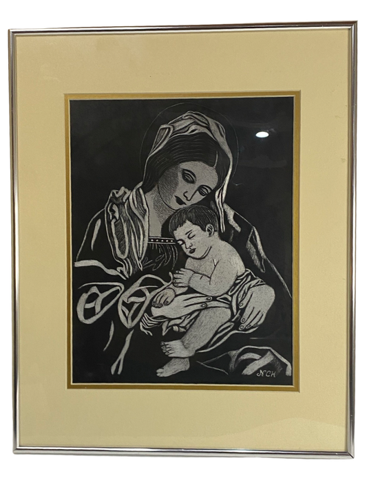 Original Mary Holding Baby Jesus Scratchboard Metal Art 17 x20 from Nohemi Chavez