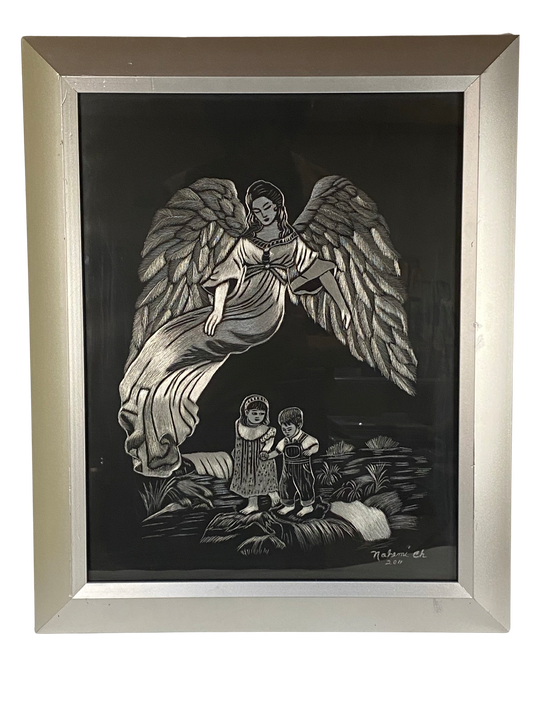 Original Guardian Angel Children Crossing Bridge Scratchboard Metal Art 18x22 from Nohemi Chavez