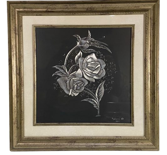 Original Art "Roses in Bloom" Scratchboard Metal Art from Nohemi Chavez