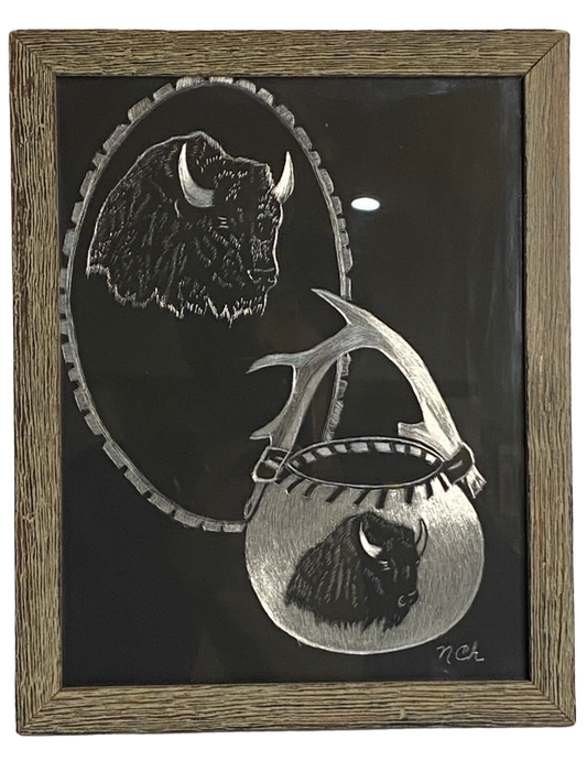 Original Buffalo Scratchboard Metal Art 10 x 12 from Nohemi Chavez