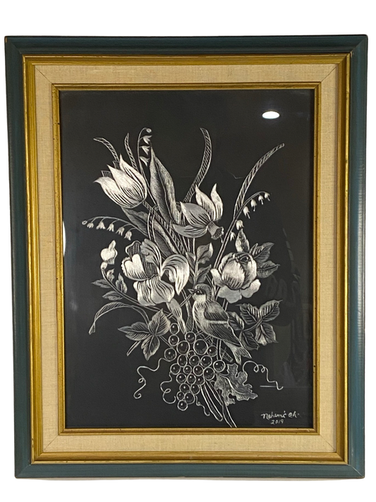 Original Flowers with Bird Scratchboard Metal Art 17 x 21 from Nohemi Chavez