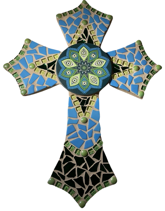 Cross Mosaic Wood Inlaid Glass Blue Greens 16.5X12.5