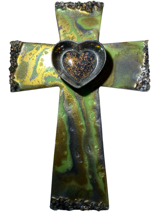Cross Mosaic Wood Resin Greys Greens Inlaid Glass Large Resin Heart Middle 12.5X8.5