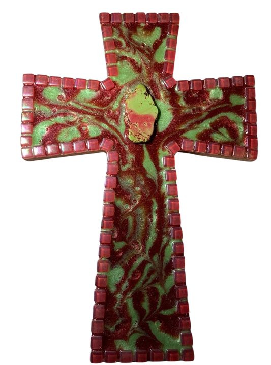 Cross Mosaic Wood Resin Burgundy Lime Green Stone Middle 12.5X8.5