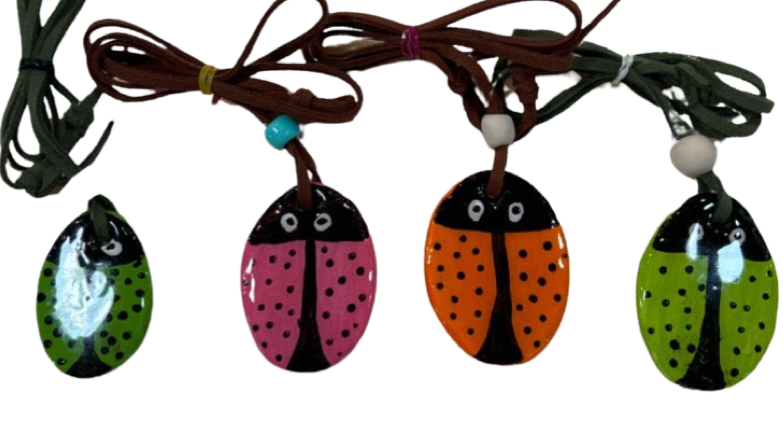 Necklace Clay Resin Pendant Double-Side Butterfly LadyBug Faux Leather 13 inches Handcrafted