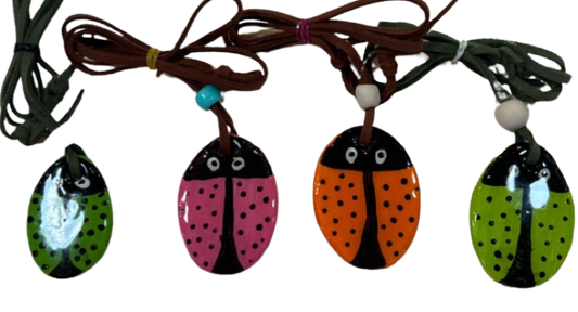 Necklace Clay Resin Pendant Double-Side Butterfly LadyBug Faux Leather 13 inches Handcrafted