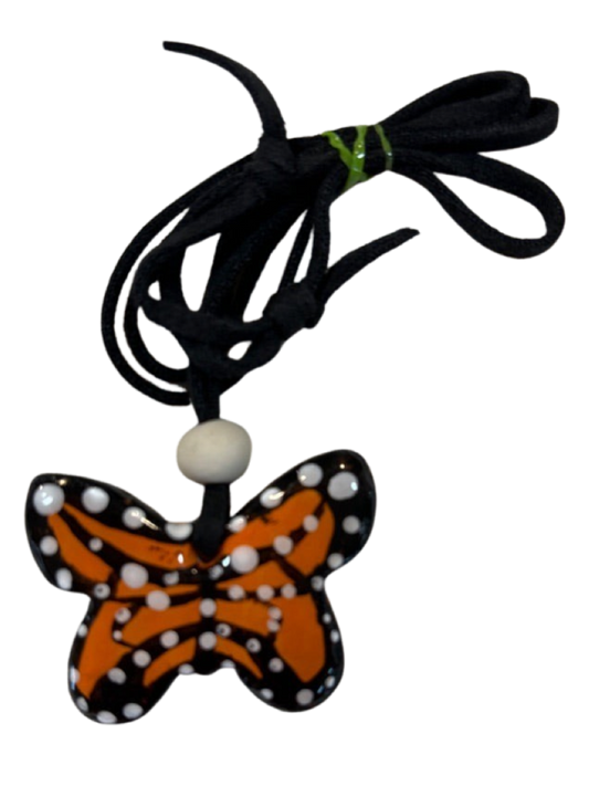 Necklace Pendant Butterfly Sculpted Clay Double Sided Faux Leather 13 inches