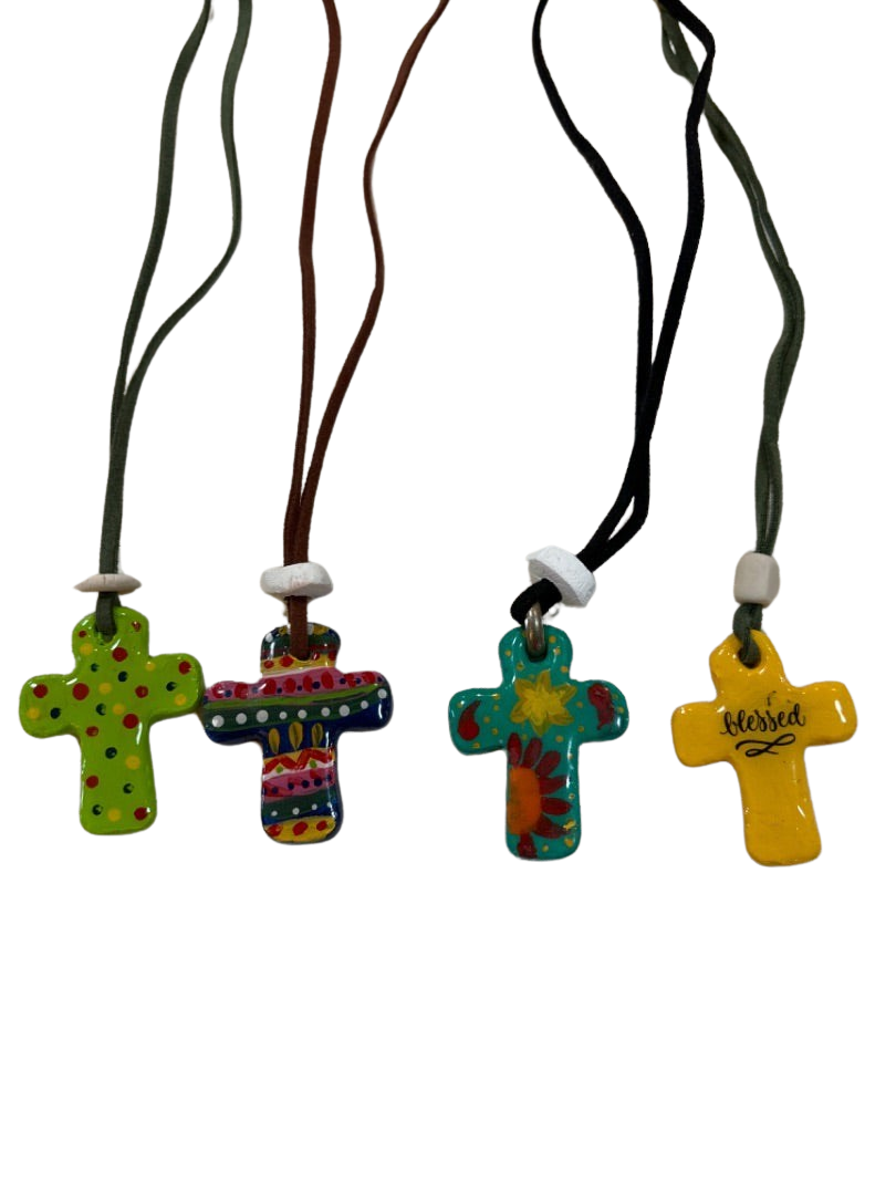 Necklace Yellow Green Blue Pink Orange Red Cross Clay Pendant Double-Sided 13 Inches
