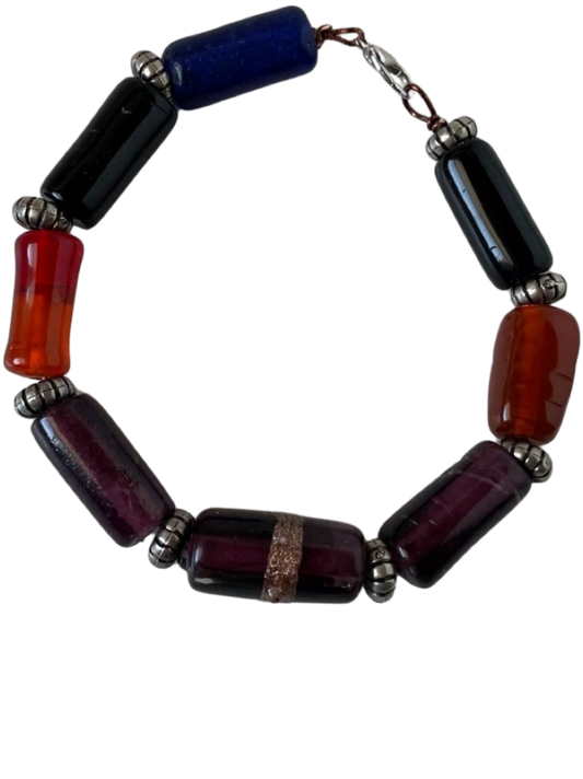 Bracelet Multi-Colored Dark Earth Tones Glass Beads Handcrafted 7.5-Inch