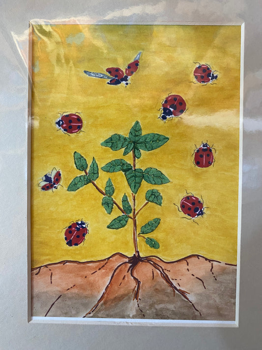 Original Art Print Ladybugs Tan Matted 5" x 7"